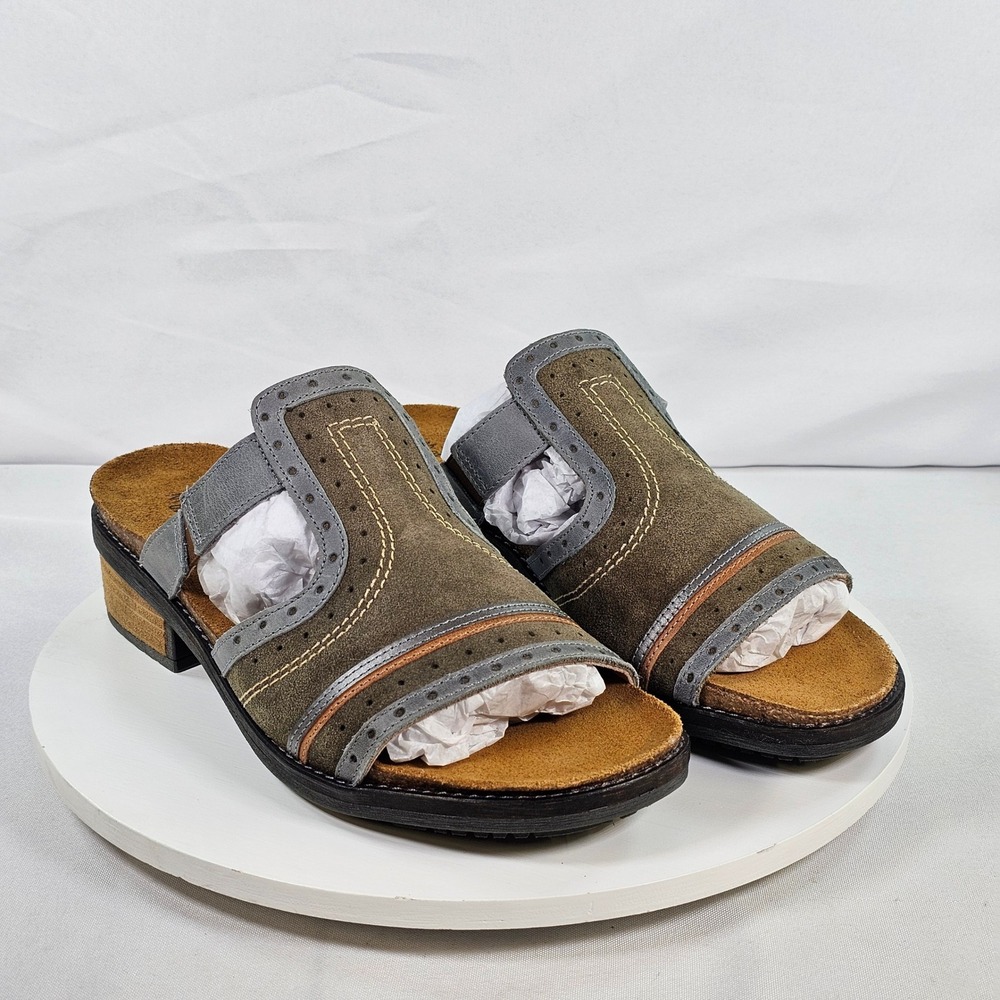 Naot Women 40 L9 Brown Suede Leather Brogue Slide Sandals Mules Israel Made
